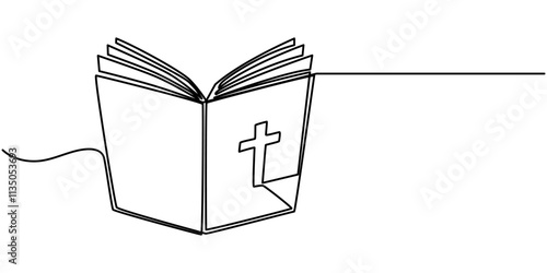 Continuous one line drawing of the Bible. Single line drawing of the holy book. Vector illustration, Continuous one line drawing silhouette of Bible and candle. Bible linear icon. One line drawing.