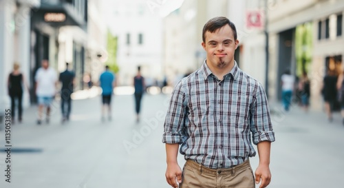 Young male with down syndrome in urban street setting embracing diversity and confidence