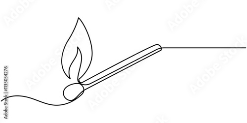 Continuous one line drawing of burning match. simple burning match stick line art vector illustration. Editable stroke, Burning match drawn by hand with a continuous line. Vector illustration of match