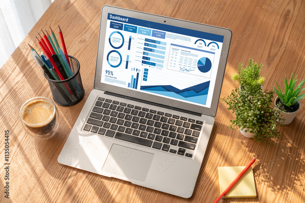 Fototapeta premium Business data dashboard provide business intelligence analytic for marketing strategy planning snugly with big data set to analyze customer demands and foreseeing business future