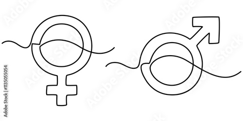 Female gender icon line continuous drawing vector. One line Female gender icon vector background. Female gender. Continuous outline of a Female gender gender icon, Gender signs for male and female.