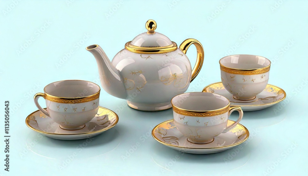 Elegant tea set display for afternoon tea soft blue background 3d render fine china classic design Elegant tea set display for afternoon tea soft blue background 3d render fine china classic design