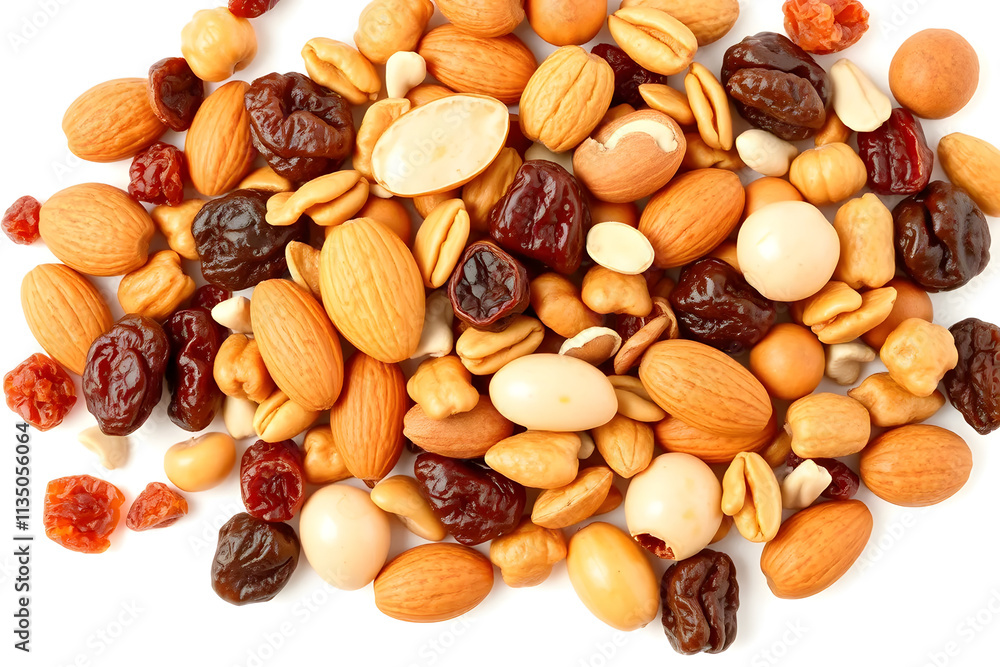 Mixed Dried fruit and nuts trail mix with almonds, raisins, seeds isolated on white background, top view, copy space isolated on white background. Mixed Dried fruit and nuts trail mix with almonds, raisins, seeds isolated on white background, top view, copy space isolated on white background.