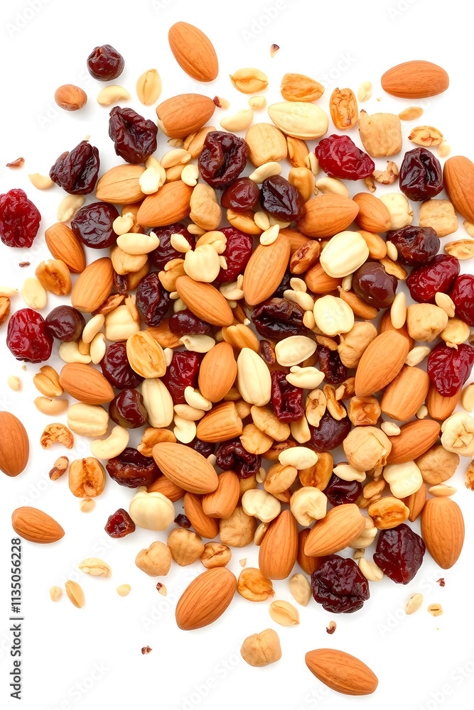 Mixed Dried fruit and nuts trail mix with almonds, raisins, seeds isolated on white background, top view, copy space isolated on white background. Mixed Dried fruit and nuts trail mix with almonds, raisins, seeds isolated on white background, top view, copy space isolated on white background.