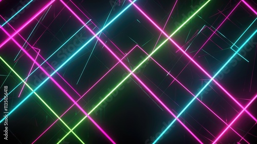 A futuristic neon lights grid with intersecting neon lines in vibrant colors like neon pink, cyan, and lime green against a black background