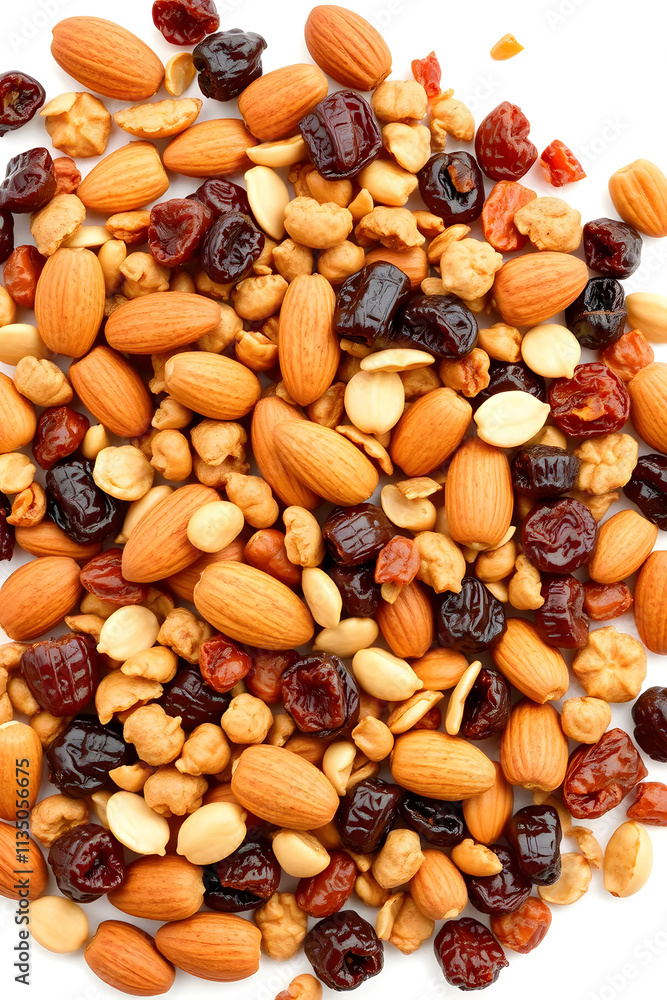 Mixed Dried fruit and nuts trail mix with almonds, raisins, seeds isolated on white background, top view, copy space isolated on white background. Mixed Dried fruit and nuts trail mix with almonds, raisins, seeds isolated on white background, top view, copy space isolated on white background.