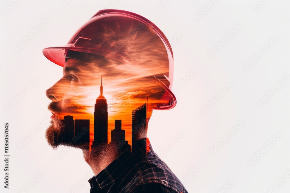 banner with blank space for text, an engineer, double exposure with the sightly skyscraper, sunset colors banner with blank space for text, an engineer, double exposure with the sightly skyscraper, sunset colors