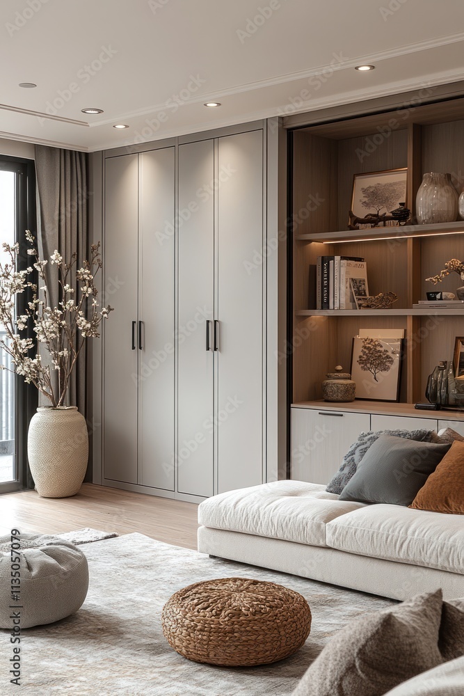 Fototapeta premium Modern minimalist living room with built-in storage, sofa, and decorative accents.