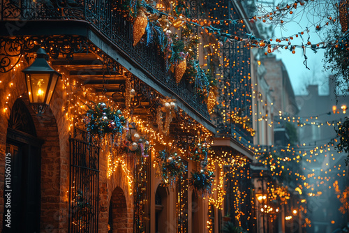 A detailed shot of festive decorations in the French Quarter, featuring Mardi Gras masks, colorful beads, and historic wrought-iron balconies.