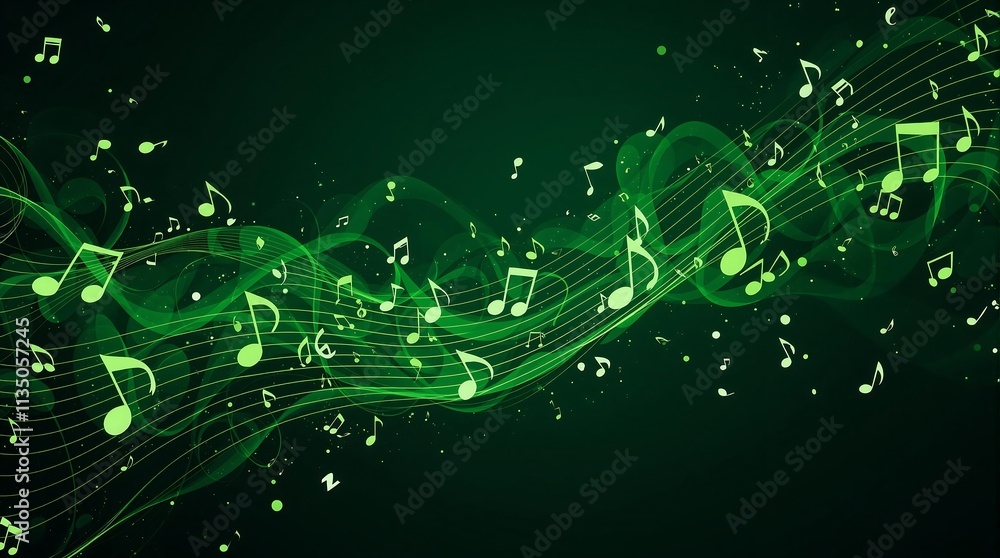 Vibrant abstract representation of music with green musical notes and ...