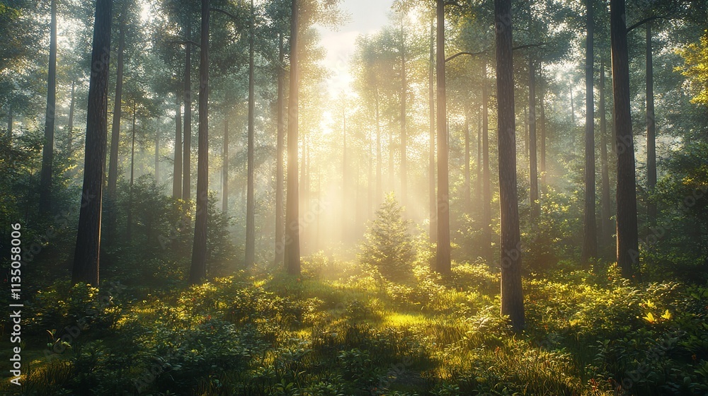 Obraz premium Sunbeams Illuminating a Misty Forest Clearing