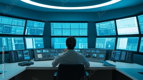 High-Tech Control Room with Screens and Bright Lighting
