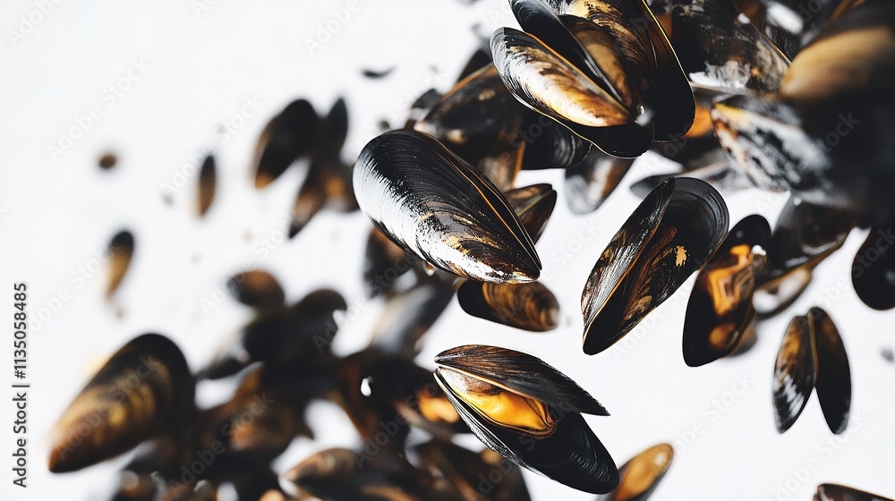 Close-up of moules-frites showing glossy mussels and crispy fries. Close-up of moules-frites showing glossy mussels and crispy fries.