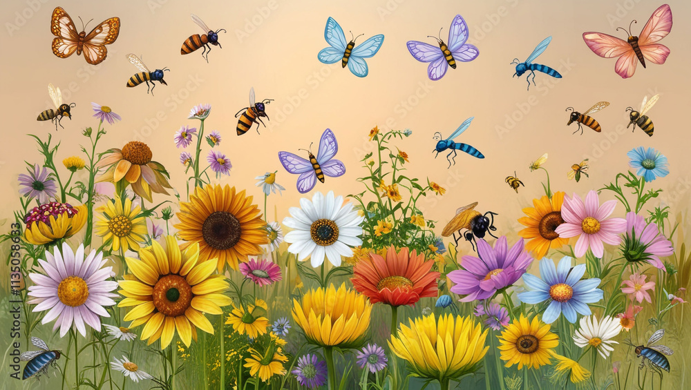 Fototapeta premium Colorful meadow and garden flowers with insects, transparent background