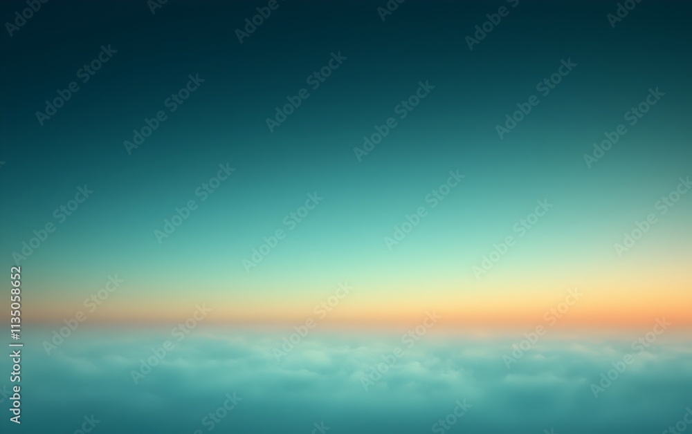Obraz premium A serene gradient of colors in the sky at dawn, fading from deep turquoise to soft orange above a blanket of clouds, creating a tranquil and dreamy atmosphere.
