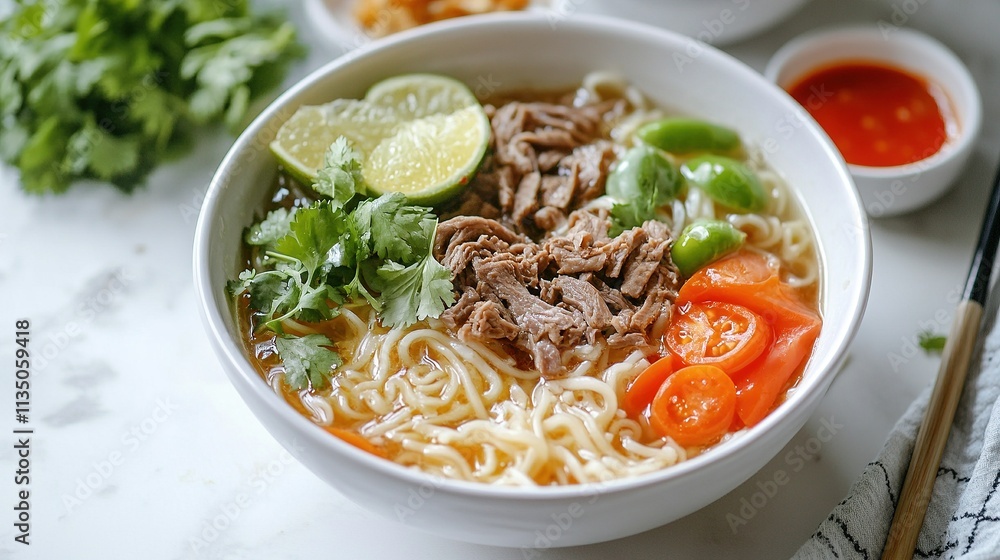 Pancit showing detailed textures of noodles and fresh garnishes. Pancit showing detailed textures of noodles and fresh garnishes.
