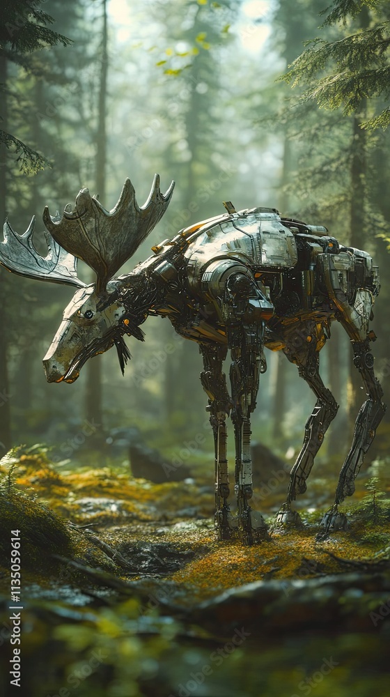 Obraz premium Mechanical Moose Stands in a Forest Setting