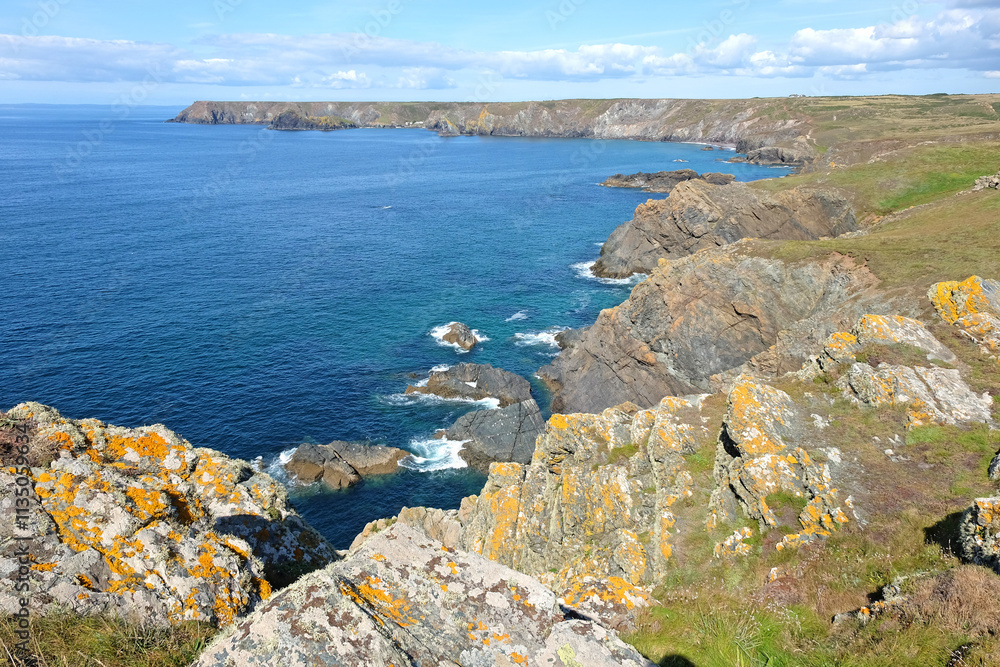 View from the rugged outcrop of Old Lizard Head, on the Lizard Peninsula, Cornwall, UK.