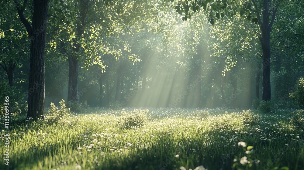 Sunbeams Illuminating a Misty Forest Clearing Sunbeams Illuminating a Misty Forest Clearing