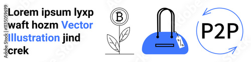 Bitcoin growing on a plant, a blue digital wallet with a tag, and P2P arrows. Ideal for cryptocurrency, financial growth, investment, peer-to-peer transactions, fintech, digital wallets online