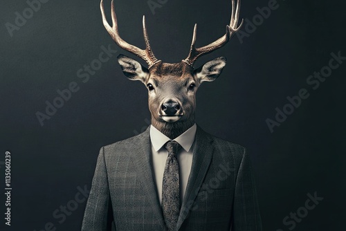 Deer in clothes with shiny antlers. Business man in a suit and tie with a deer head.  photo