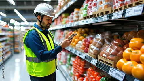 A loader in a reflective vest and helmet stands by stocked shelves, checking inventory on a tablet in a bright grocery warehouse, creating a clean trade image with space for text. photo