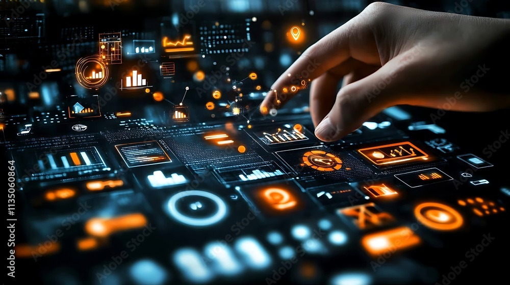 Hand touching a virtual screen with business data Hand touching a virtual screen with business data