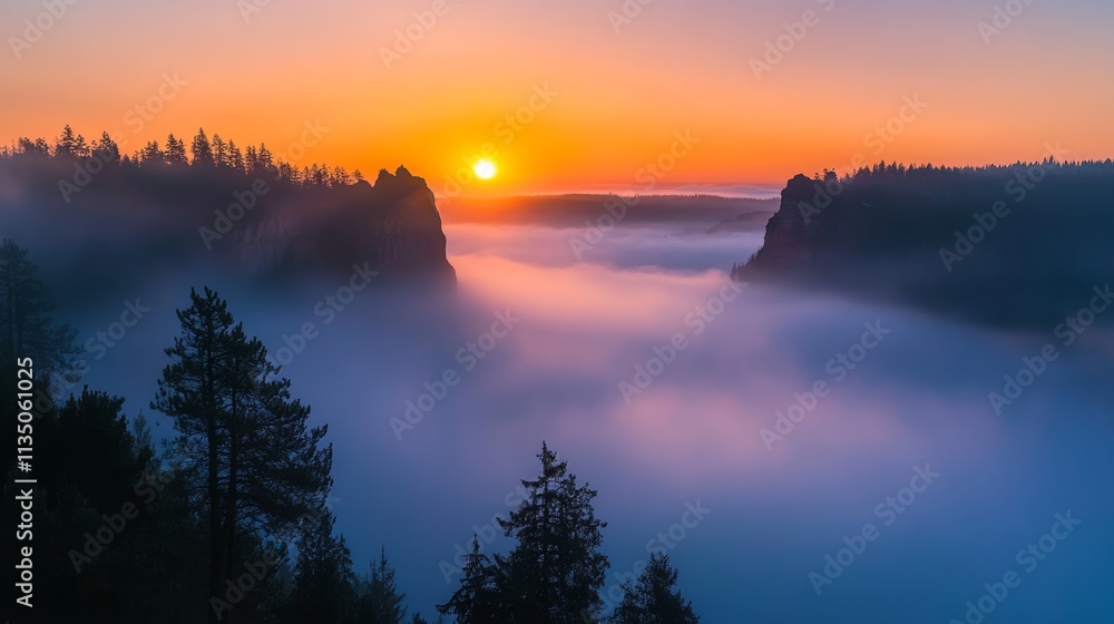 Scenic sunrise views, the sun emerging over mist-covered mountains, creating a dramatic play of light and shadows Scenic sunrise views, the sun emerging over mist-covered mountains, creating a dramatic play of light and shadows