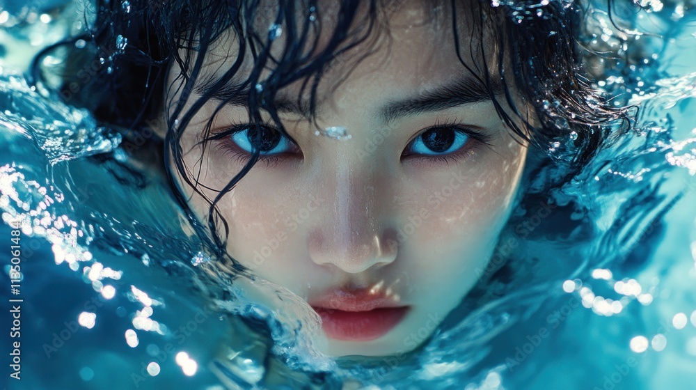 Woman Submerged In Water Showing Face And Hair Woman Submerged In Water Showing Face And Hair