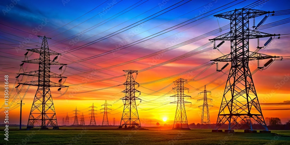 Minimalist Capture of Electricity Transmission Towers with Glowing Wires, Showcasing High Voltage Energy Facilities Against a Clear Sky in Stunning 4K Resolution Minimalist Capture of Electricity Transmission Towers with Glowing Wires, Showcasing High Voltage Energy Facilities Against a Clear Sky in Stunning 4K Resolution