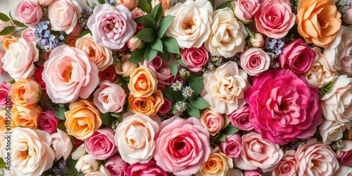 Fototapeta Naklejka Na Ścianę i Meble -  Vintage style artificial flowers wall background with a variety of colorful blooms including roses, peonies, and hydrangeas, style, background, artificial