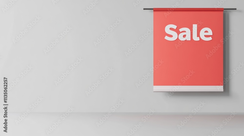 Red Sale Banner Hanging On A Grey Wall Red Sale Banner Hanging On A Grey Wall