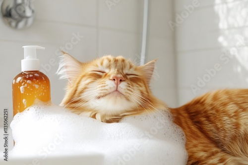 Smiling Cat s Face with Pet Shampoo Bottle in Clean Bathroom Setting photo