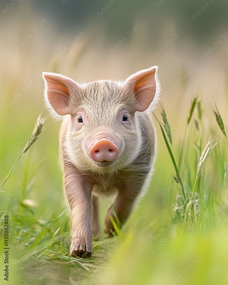 Piglet Joyfully Exploring a Sunlit Field Filled With Delicate Grasses and Wildflowers