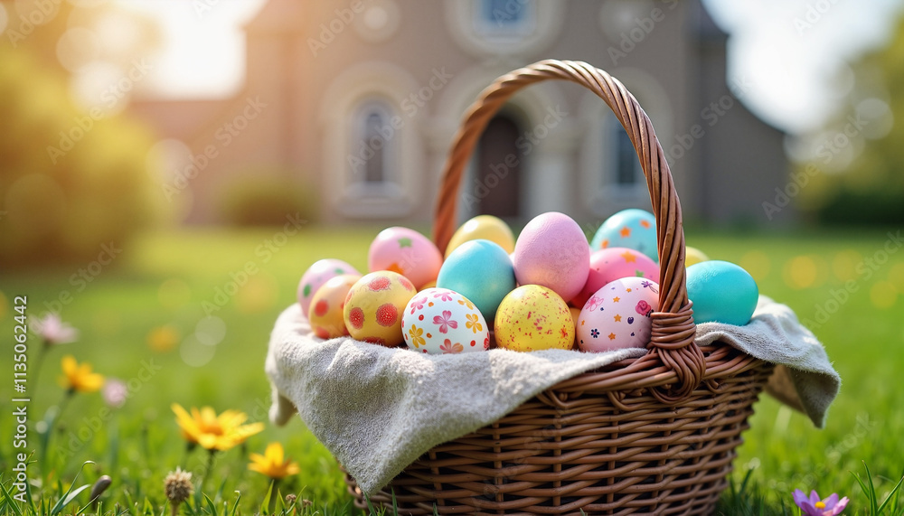 Brightly colored Easter eggs in a wicker basket on a sunny day in a garden Brightly colored Easter eggs in a wicker basket on a sunny day in a garden
