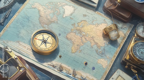 Vintage World Map With Compass And Nautical Instruments photo