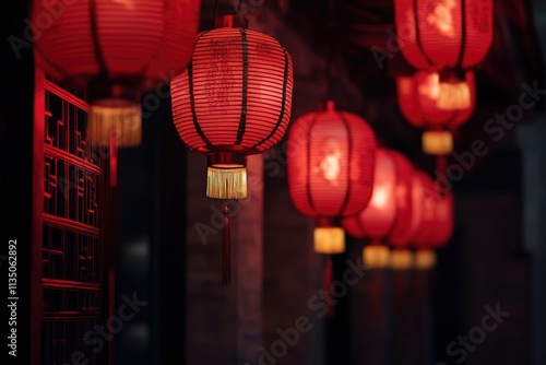 Chinese New Year celebration with a path of red lanterns illuminating the darkness of the night photo