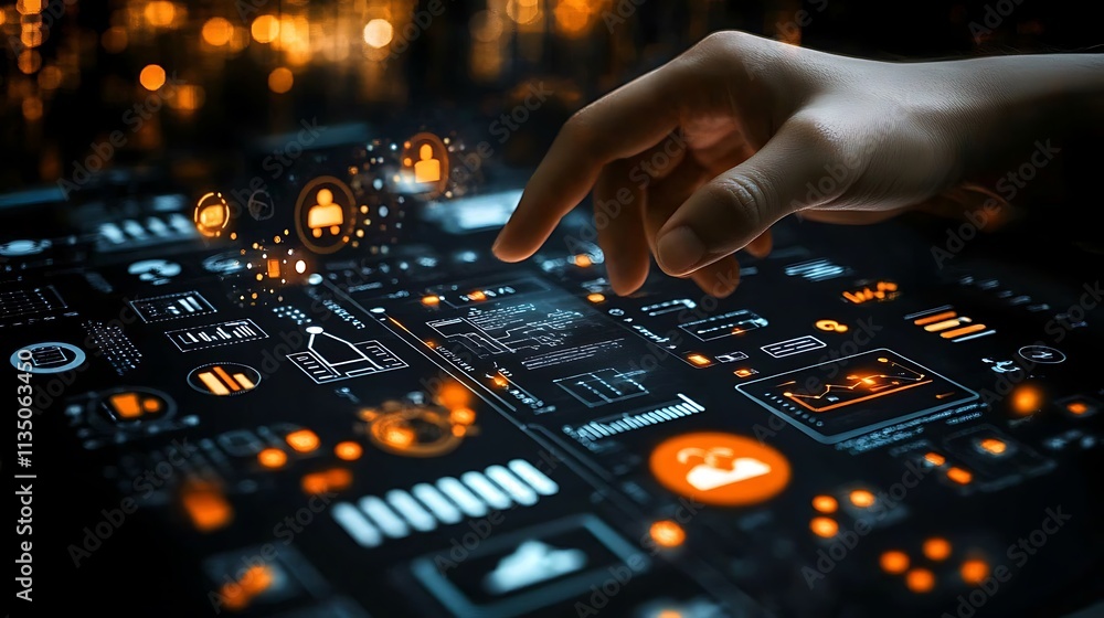 Hand touching a virtual screen with business data Hand touching a virtual screen with business data