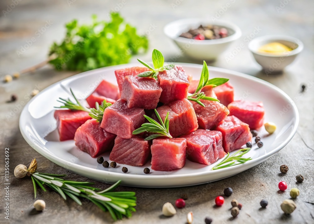 Minimalist Diced Beef Presentation with Fresh Ingredients and Simple Background for Culinary Photography Minimalist Diced Beef Presentation with Fresh Ingredients and Simple Background for Culinary Photography