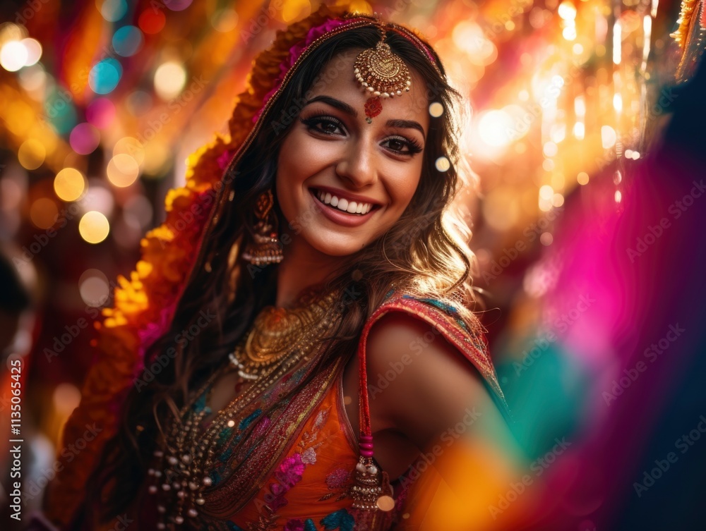 Elegant Indian Bride in Traditional Attire with Vibrant Festive Background Elegant Indian Bride in Traditional Attire with Vibrant Festive Background