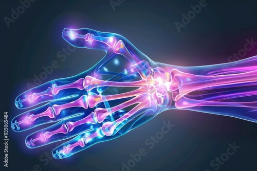 X-Ray of Human Hand Bones with Blue Glow on Black Background photo