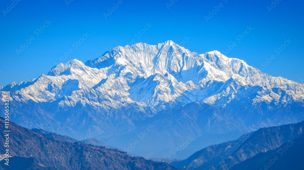Snow-covered mountain peaks, majestic view of mountains completely blanketed in snow under a clear blue sky Snow-covered mountain peaks, majestic view of mountains completely blanketed in snow under a clear blue sky