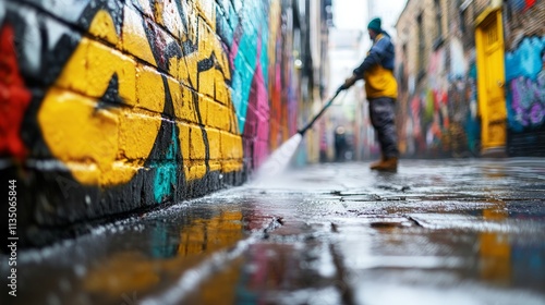 Urban Power Washing Graffiti Removal in Bright Alley