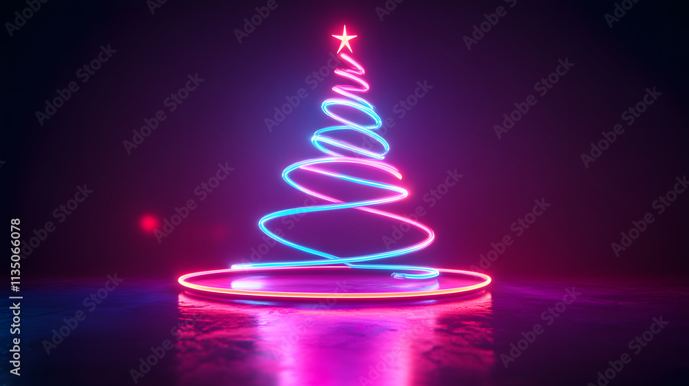 A vibrant neon Christmas tree illuminated against a dark background. A vibrant neon Christmas tree illuminated against a dark background.
