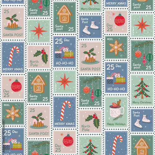 Cute Christmas postage stamps background. Vintage Xmas seamless pattern. Winter holidays print for fabric, wrapping paper, textile. Hand drawn flat design vector illustration. 