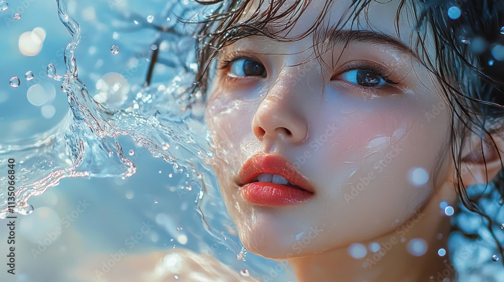 Womans face surrounded by splashing water droplets Womans face surrounded by splashing water droplets