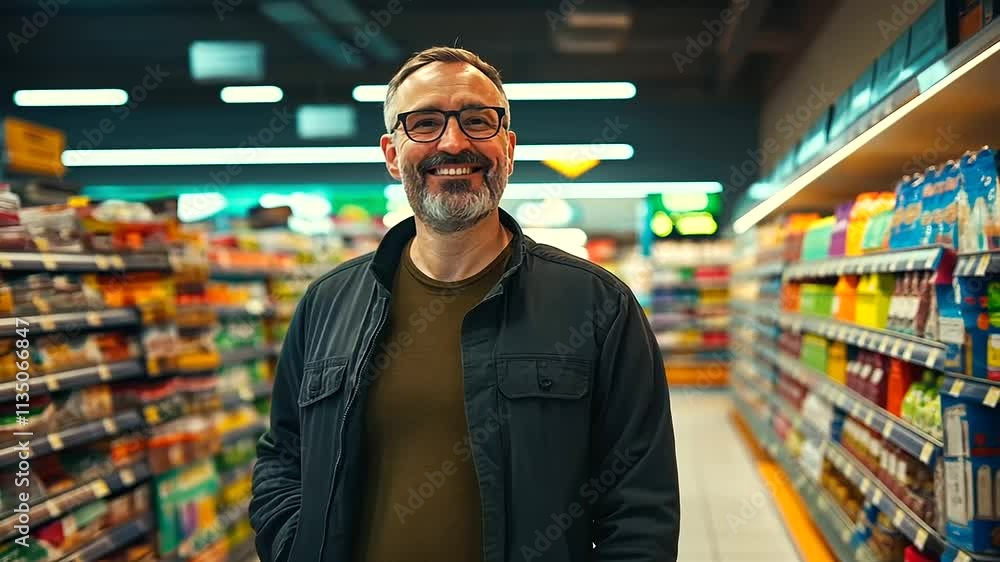 A cheerful middle-aged shopper stands near a brightly lit shelf, selecting products in a modern, spacious supermarket aisle with an inviting, open layout. A cheerful middle-aged shopper stands near a brightly lit shelf, selecting products in a modern, spacious supermarket aisle with an inviting, open layout.