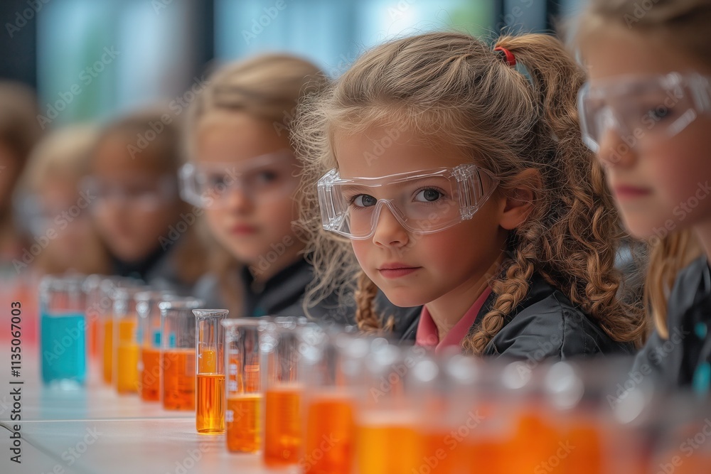 A group of kids dressed as scientists, doing experiments in a colorful classroom setting A group of kids dressed as scientists, doing experiments in a colorful classroom setting