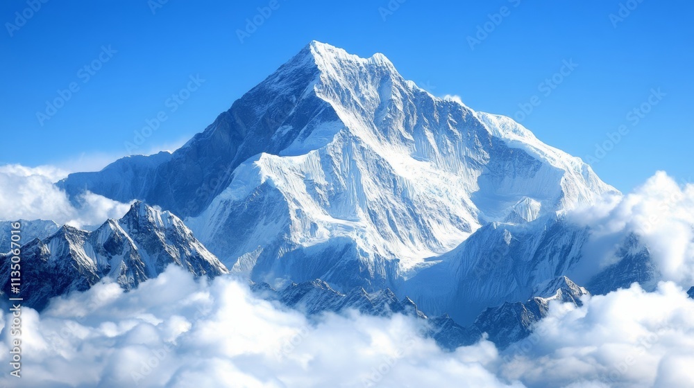 Snow-covered mountain peaks, majestic view of mountains completely blanketed in snow under a clear blue sky Snow-covered mountain peaks, majestic view of mountains completely blanketed in snow under a clear blue sky
