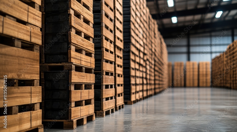 Fototapeta premium Warehouse filled with neatly stacked wooden pallets and shelves.